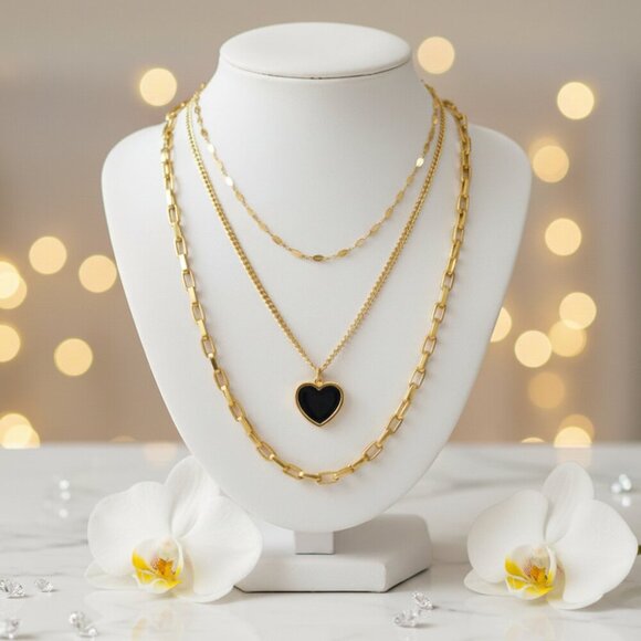 Elegant 18K Gold Plated Triple Layer Necklace & Heart Earrings Trendy Set ✨ - Picture 6 of 13